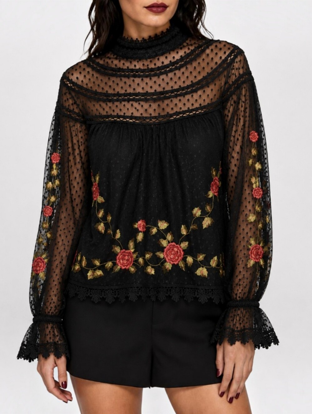 Whimsigoth Saylor Dalilah Sheer Mesh Rose Embroidered Blouse Black S Vamp Boho